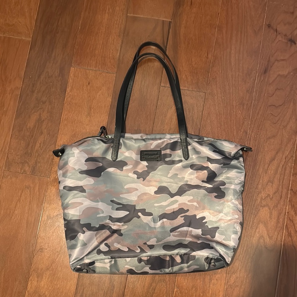 Rebecca Minkoff camouflage camo tote brown leather handles green brown pattern